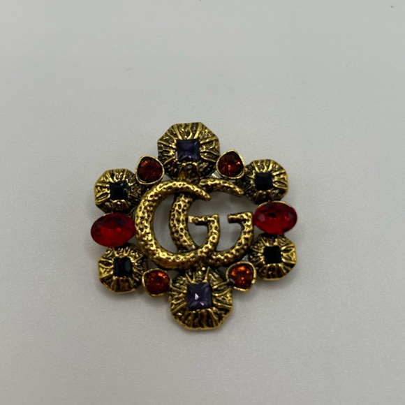 GUCCI Logo GG Ornate Colorful Gold Brooch Pin - Picture 2 of 7